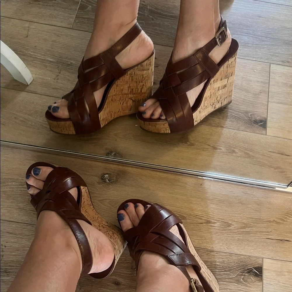 🛑 1 hour sale. Tory Burch, size 8, Sienna Chocolate Brown Cork Wedges, EUC - Picture 4 of 14